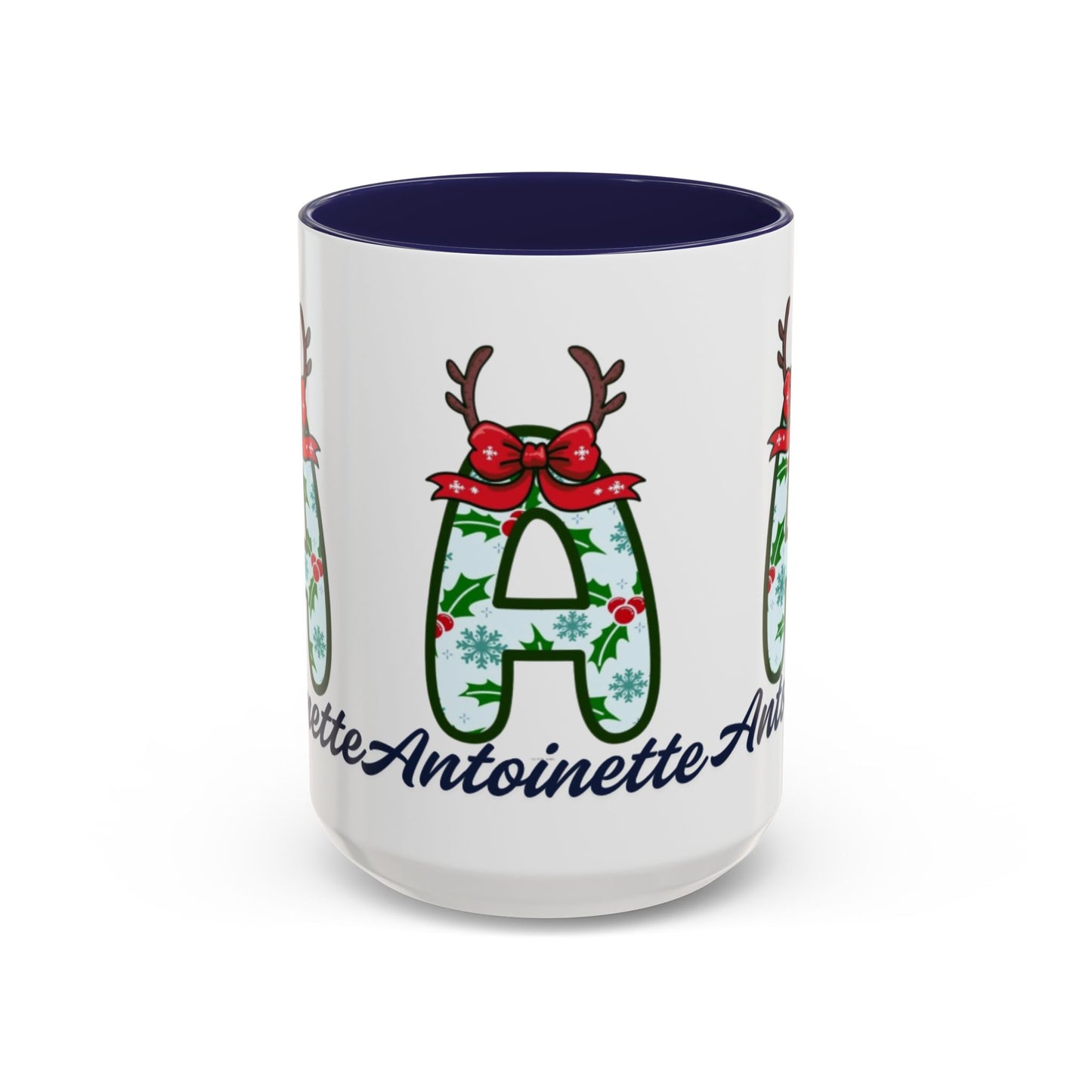 Personalized Christmas Initial A Accent Coffee Mug — Festive Reindeer Monogram (11/15oz)