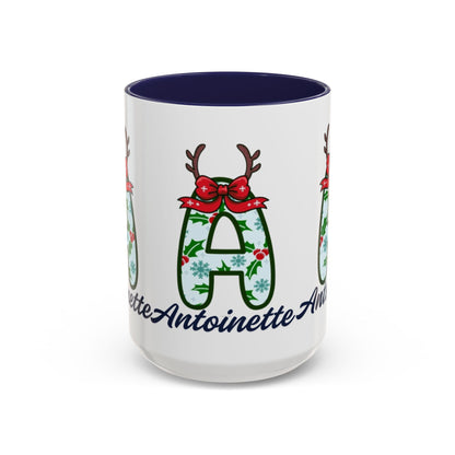 Personalized Christmas Initial A Accent Coffee Mug — Festive Reindeer Monogram (11/15oz)