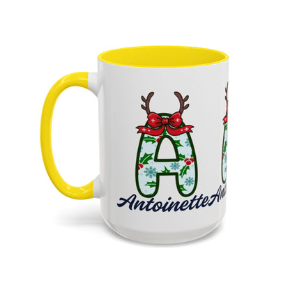 Personalized Christmas Initial A Accent Coffee Mug — Festive Reindeer Monogram (11/15oz)