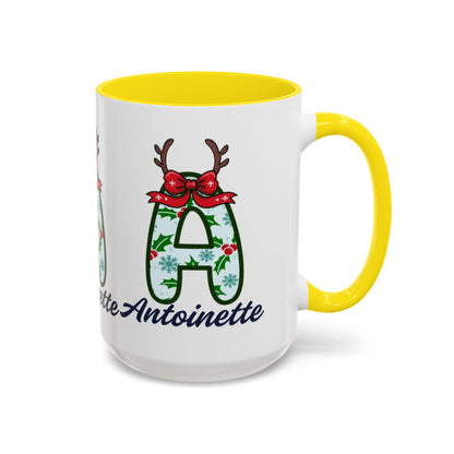 Personalized Christmas Initial A Accent Coffee Mug — Festive Reindeer Monogram (11/15oz)