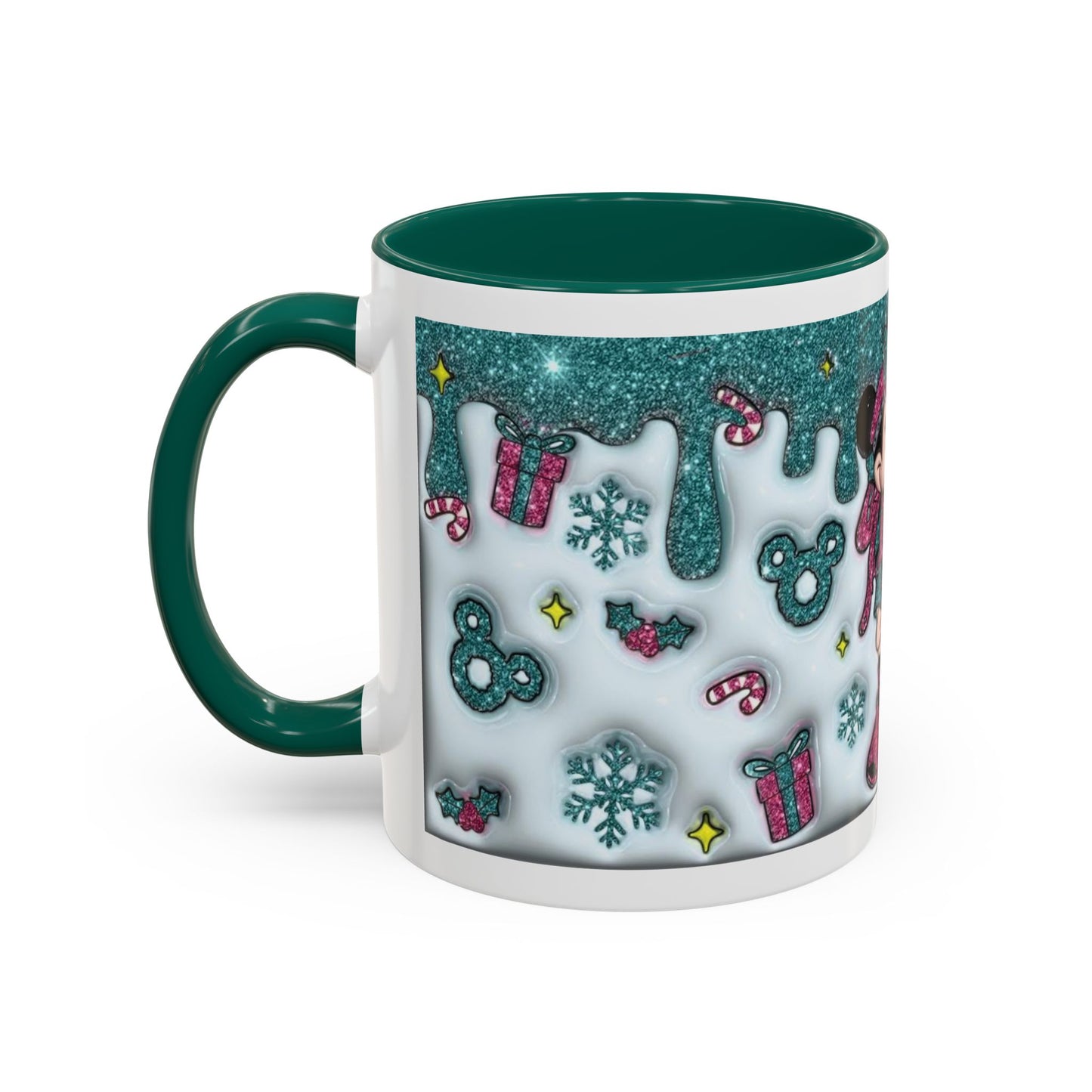 Holiday Glitter Character Mug — Festive Teal & Pink Ceramic Coffee Cup (11oz/15oz)