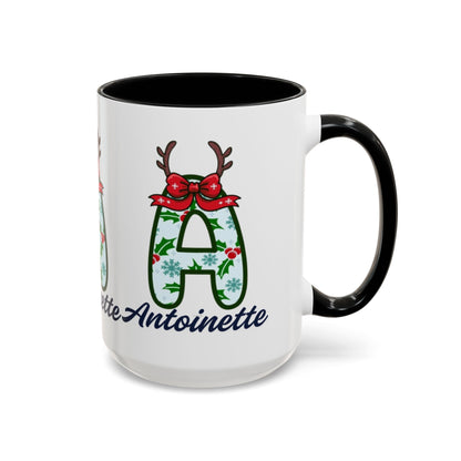 Personalized Christmas Initial A Accent Coffee Mug — Festive Reindeer Monogram (11/15oz)