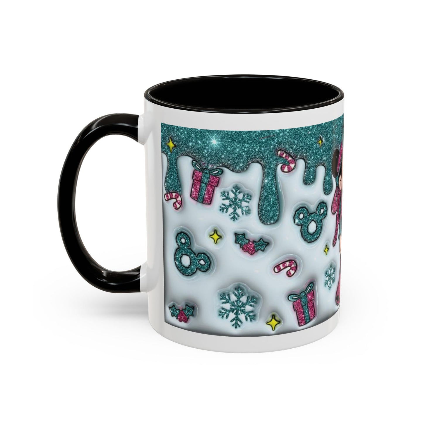 Holiday Glitter Character Mug — Festive Teal & Pink Ceramic Coffee Cup (11oz/15oz)