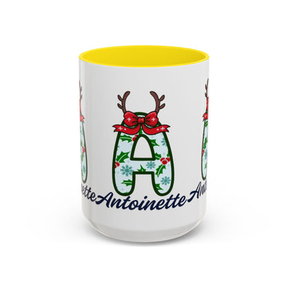 Personalized Christmas Initial A Accent Coffee Mug — Festive Reindeer Monogram (11/15oz)