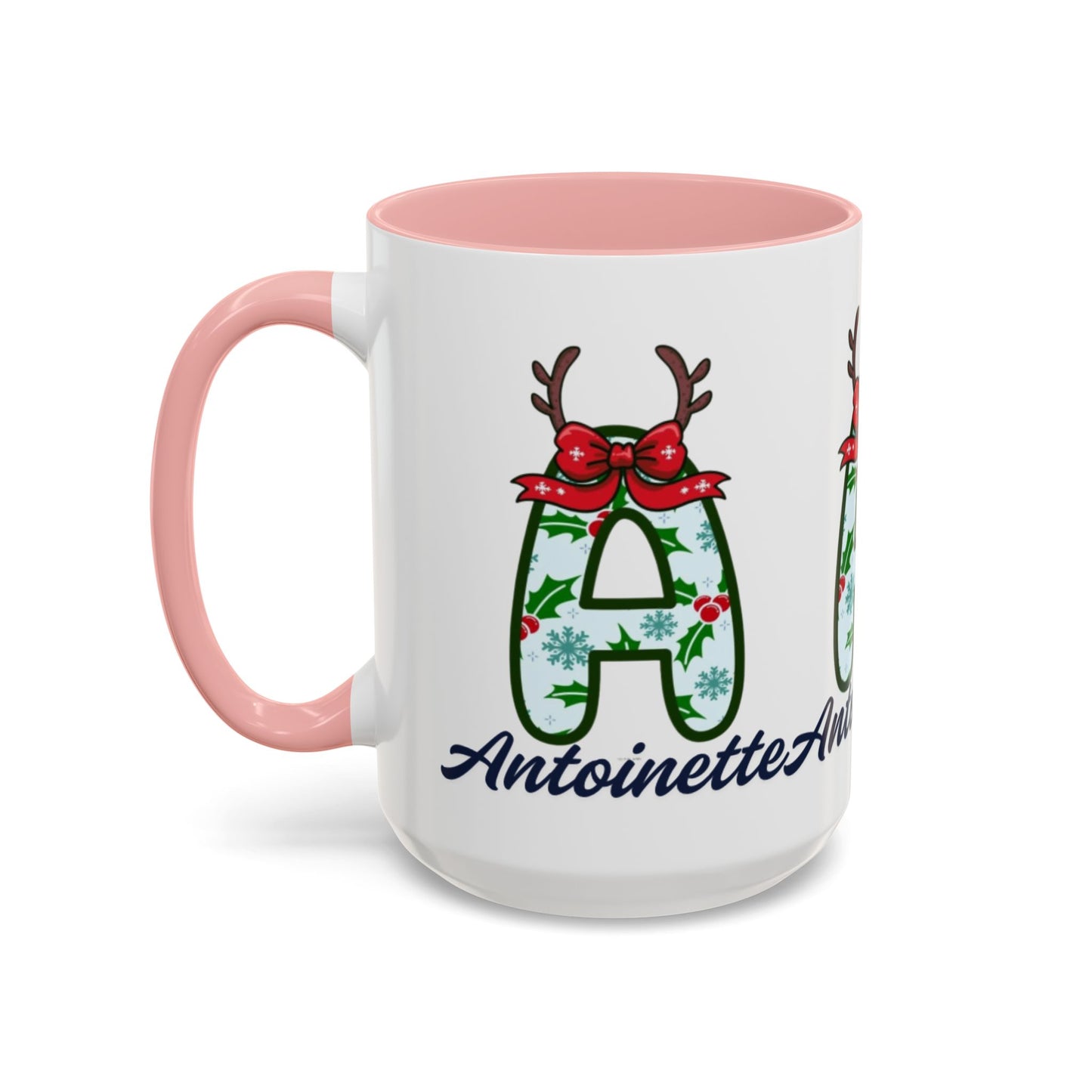 Personalized Christmas Initial A Accent Coffee Mug — Festive Reindeer Monogram (11/15oz)