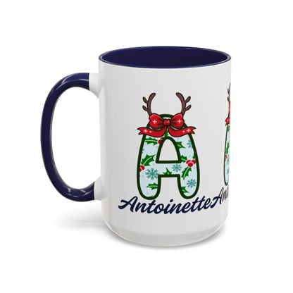 Personalized Christmas Initial A Accent Coffee Mug — Festive Reindeer Monogram (11/15oz)