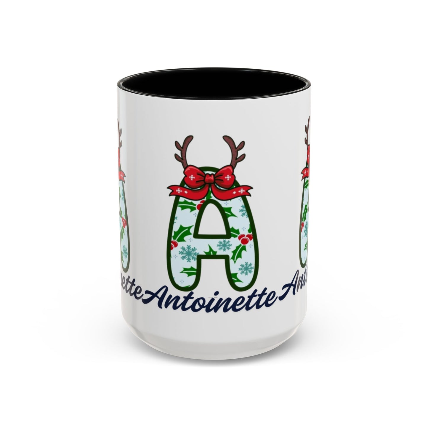 Personalized Christmas Initial A Accent Coffee Mug — Festive Reindeer Monogram (11/15oz)