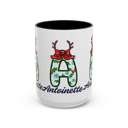 Personalized Christmas Initial A Accent Coffee Mug — Festive Reindeer Monogram (11/15oz)