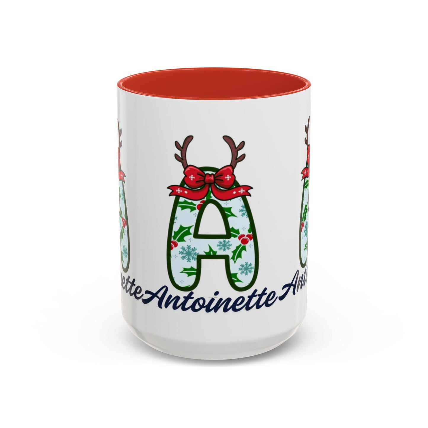 Personalized Christmas Initial A Accent Coffee Mug — Festive Reindeer Monogram (11/15oz)