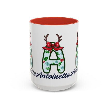 Personalized Christmas Initial A Accent Coffee Mug — Festive Reindeer Monogram (11/15oz)