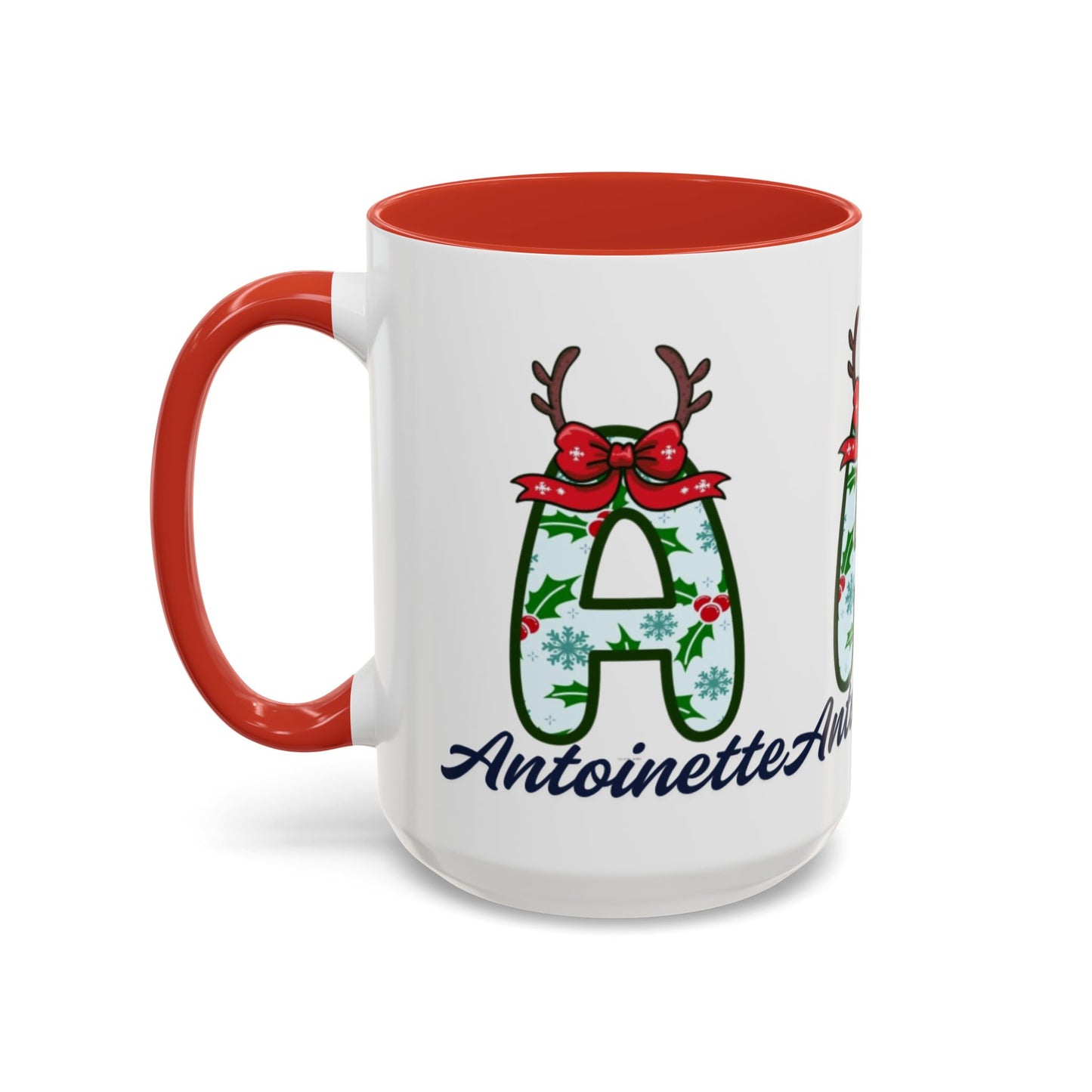 Personalized Christmas Initial A Accent Coffee Mug — Festive Reindeer Monogram (11/15oz)