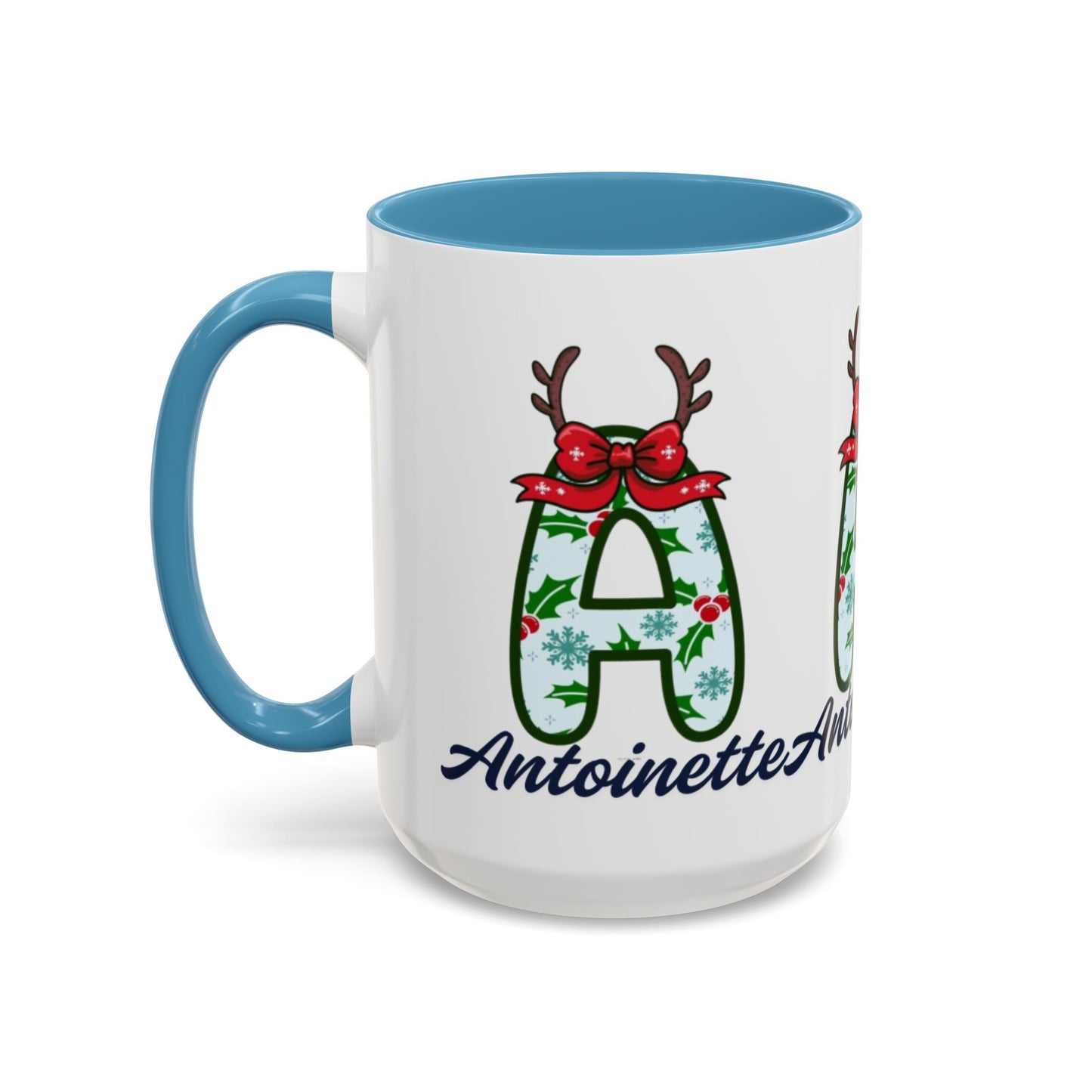 Personalized Christmas Initial A Accent Coffee Mug — Festive Reindeer Monogram (11/15oz)