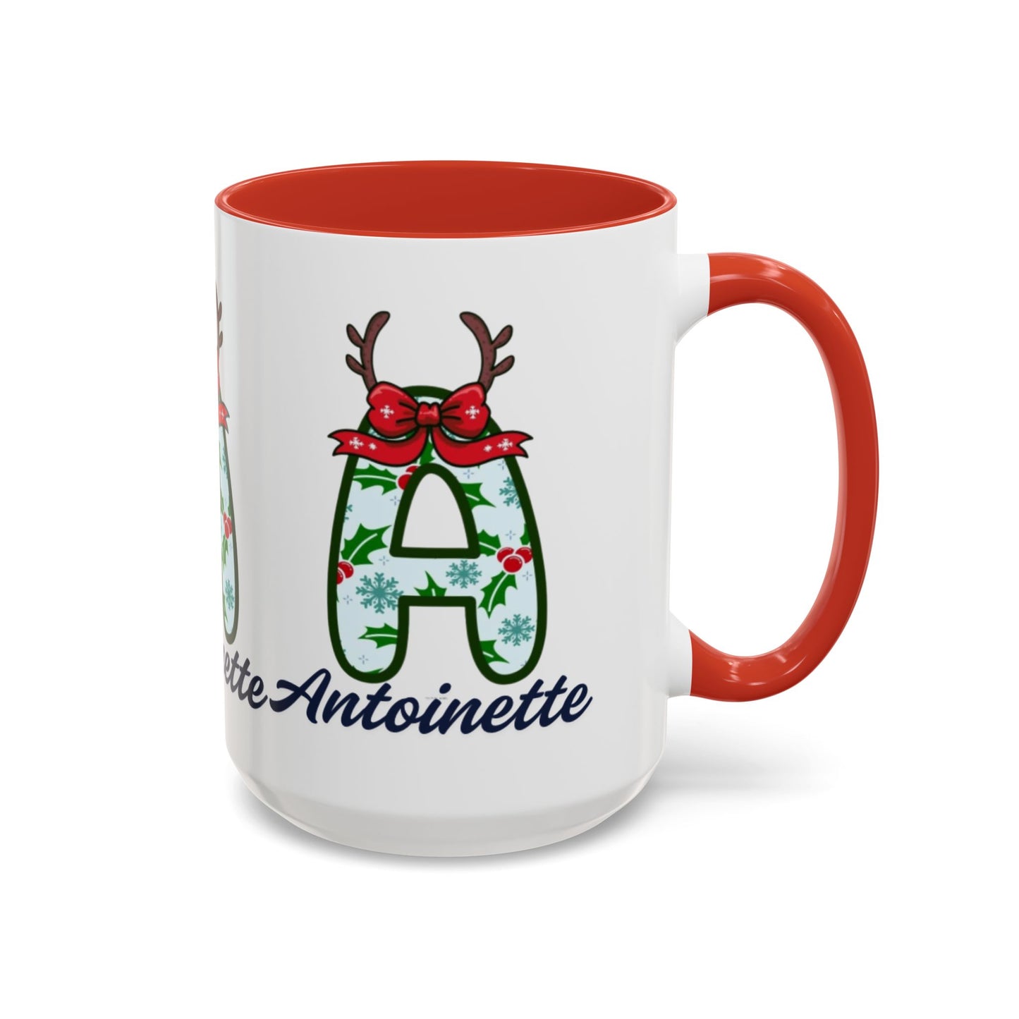 Personalized Christmas Initial A Accent Coffee Mug — Festive Reindeer Monogram (11/15oz)