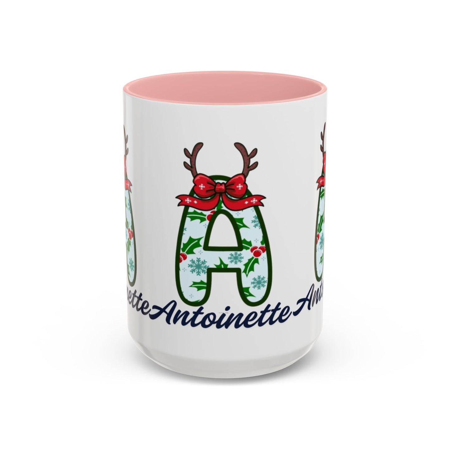 Personalized Christmas Initial A Accent Coffee Mug — Festive Reindeer Monogram (11/15oz)
