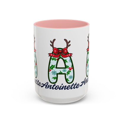 Personalized Christmas Initial A Accent Coffee Mug — Festive Reindeer Monogram (11/15oz)
