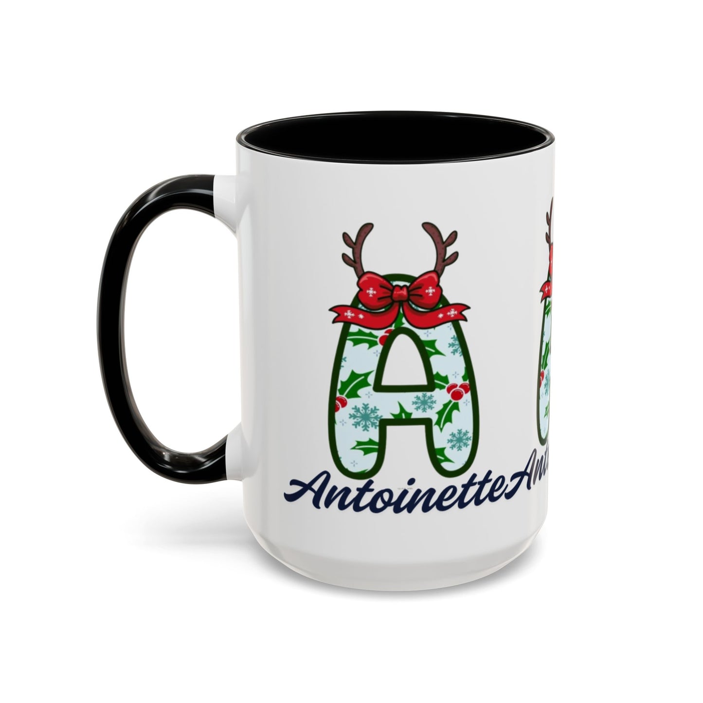 Personalized Christmas Initial A Accent Coffee Mug — Festive Reindeer Monogram (11/15oz)