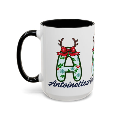 Personalized Christmas Initial A Accent Coffee Mug — Festive Reindeer Monogram (11/15oz)