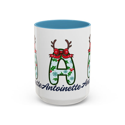 Personalized Christmas Initial A Accent Coffee Mug — Festive Reindeer Monogram (11/15oz)